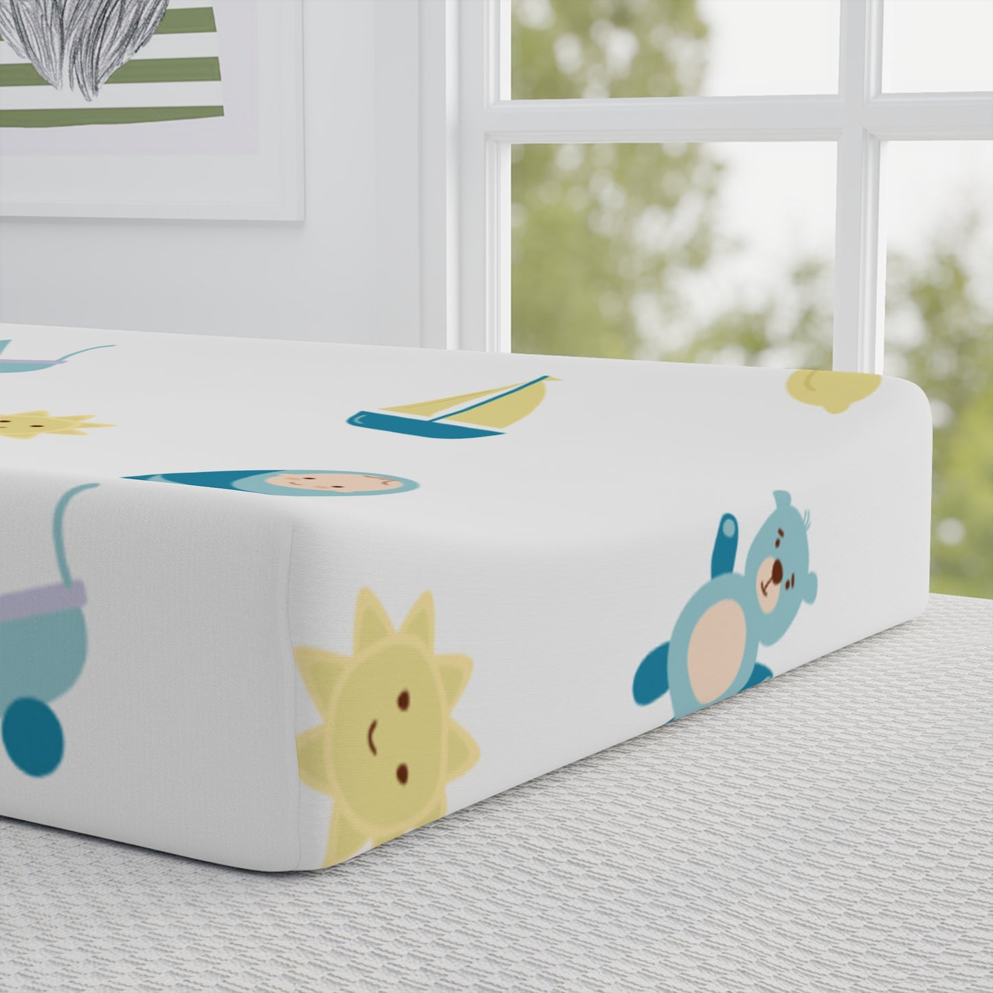 Blue Baby Icons Changing Pad Cover — Soft Nautical Nursery Print