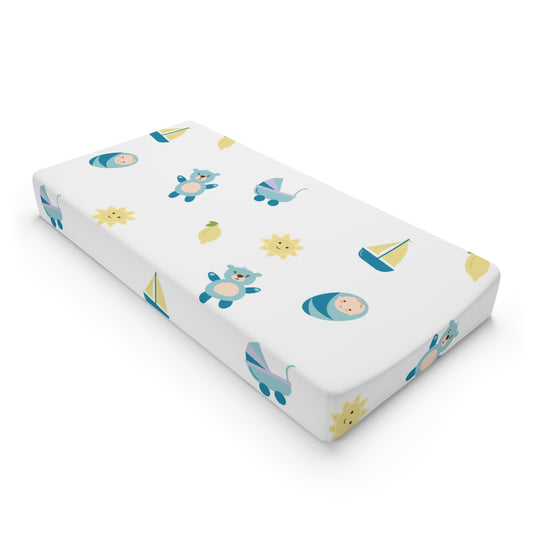 Blue Baby Icons Changing Pad Cover — Soft Nautical Nursery Print