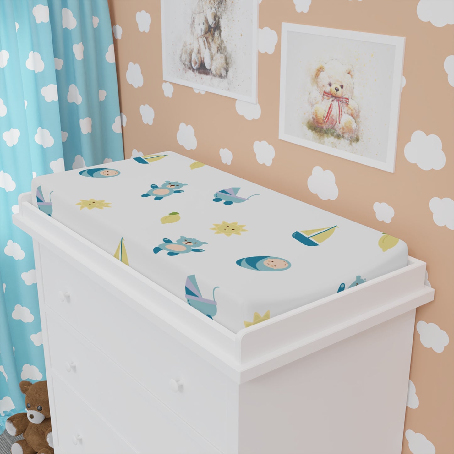 Blue Baby Icons Changing Pad Cover — Soft Nautical Nursery Print